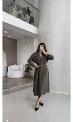 Önü Aksesuaar Detaylı Modal Elbise - Haki - Kod: 3078