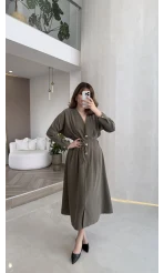 Önü Aksesuaar Detaylı Modal Elbise - Haki - Kod: 3078