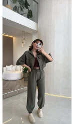 Arch Yarım Kol Pamuklu Ceket Pantolon Takım - Haki - Kod: 580774