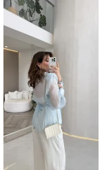 Maisie Vatkalı Transparan Bağlamalı Gömlek - Açık Mavi - Kod: 5029