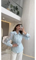 Maisie Vatkalı Transparan Bağlamalı Gömlek - Açık Mavi - Kod: 5029