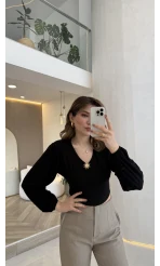 Sun Aksesuar Detay Bağlamalı Bluz - Siyah - Kod: 1032