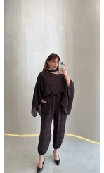 Pançolu Ekose Desenli Fular Detay Takım - Kahve - Kod: 51344