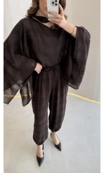 Pançolu Ekose Desenli Fular Detay Takım - Kahve - Kod: 51344