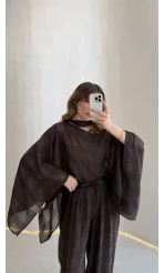 Pançolu Ekose Desenli Fular Detay Takım - Kahve - Kod: 51344