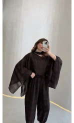 Pançolu Ekose Desenli Fular Detay Takım - Kahve - Kod: 51344