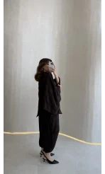 Pançolu Ekose Desenli Fular Detay Takım - Kahve - Kod: 51344