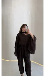 Pançolu Ekose Desenli Fular Detay Takım - Kahve - Kod: 51344