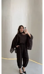 Pançolu Ekose Desenli Fular Detay Takım - Kahve - Kod: 51344