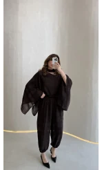 Pançolu Ekose Desenli Fular Detay Takım - Kahve - Kod: 51344