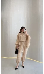 Pançolu Ekose Desenli Fular Detay Takım - Taş - Kod: 51344