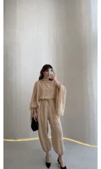 Pançolu Ekose Desenli Fular Detay Takım - Taş - Kod: 51344