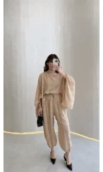 Pançolu Ekose Desenli Fular Detay Takım - Taş - Kod: 51344