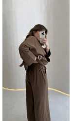 Paul Modal Kumaş Tokalı Bluz Pantolon Takım - Kahve - Kod: 51346