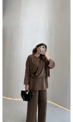 Paul Modal Kumaş Tokalı Bluz Pantolon Takım - Kahve - Kod: 51346