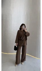 Paul Modal Kumaş Tokalı Bluz Pantolon Takım - Kahve - Kod: 51346
