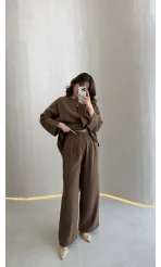 Paul Modal Kumaş Tokalı Bluz Pantolon Takım - Kahve - Kod: 51346