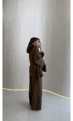 Paul Modal Kumaş Tokalı Bluz Pantolon Takım - Kahve - Kod: 51346