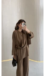 Paul Modal Kumaş Tokalı Bluz Pantolon Takım - Kahve - Kod: 51346