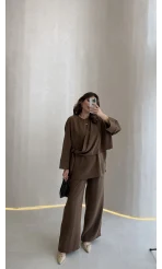 Paul Modal Kumaş Tokalı Bluz Pantolon Takım - Kahve - Kod: 51346