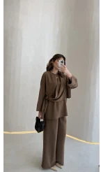 Paul Modal Kumaş Tokalı Bluz Pantolon Takım - Kahve - Kod: 51346