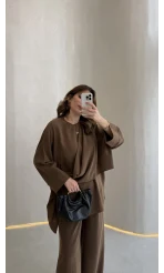 Paul Modal Kumaş Tokalı Bluz Pantolon Takım - Kahve - Kod: 51346