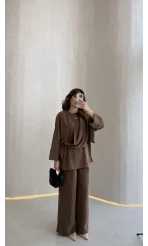 Paul Modal Kumaş Tokalı Bluz Pantolon Takım - Kahve - Kod: 51346