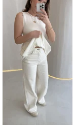 Dikiş Detaylı Sıfır Kol Denim Takım - Ekru - Kod: 2505