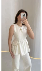 Dikiş Detaylı Sıfır Kol Denim Takım - Ekru - Kod: 2505