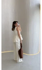 Dikiş Detaylı Sıfır Kol Denim Takım - Ekru - Kod: 2505