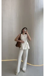 Dikiş Detaylı Sıfır Kol Denim Takım - Ekru - Kod: 2505