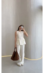 Dikiş Detaylı Sıfır Kol Denim Takım - Ekru - Kod: 2505