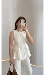 Dikiş Detaylı Sıfır Kol Denim Takım - Ekru - Kod: 2505