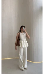 Dikiş Detaylı Sıfır Kol Denim Takım - Ekru - Kod: 2505