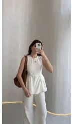 Dikiş Detaylı Sıfır Kol Denim Takım - Ekru - Kod: 2505