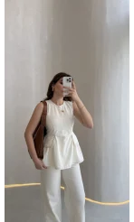 Dikiş Detaylı Sıfır Kol Denim Takım - Ekru - Kod: 2505