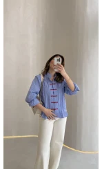 Bridgerton Serisi Çizgili Gömlek - Mavi - Kod: 0949