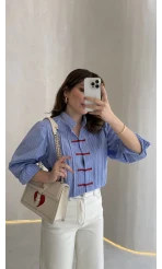 Bridgerton Serisi Çizgili Gömlek - Mavi - Kod: 0949