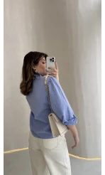 Bridgerton Serisi Çizgili Gömlek - Mavi - Kod: 0949