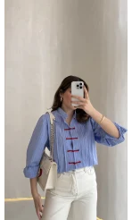 Bridgerton Serisi Çizgili Gömlek - Mavi - Kod: 0949