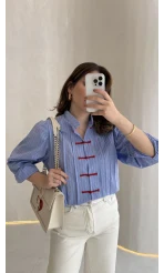 Bridgerton Serisi Çizgili Gömlek - Mavi - Kod: 0949