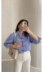 Bridgerton Serisi Çizgili Gömlek - Mavi - Kod: 0949