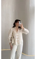 Bridgerton Serisi Çizgili Gömlek - Ekru - Kod: 0949