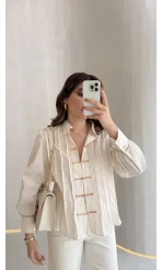 Bridgerton Serisi Çizgili Gömlek - Ekru - Kod: 0949