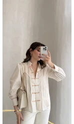 Bridgerton Serisi Çizgili Gömlek - Ekru - Kod: 0949