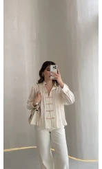 Bridgerton Serisi Çizgili Gömlek - Ekru - Kod: 0949