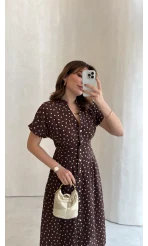 Eclipse Beli Pileli Puantiye Desen Bağcıklı Düğmeli Elbise - Kahverengi - Kod: 3083