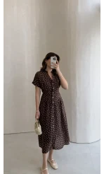 Eclipse Beli Pileli Puantiye Desen Bağcıklı Düğmeli Elbise - Kahverengi - Kod: 3083