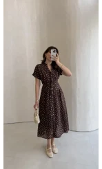 Eclipse Beli Pileli Puantiye Desen Bağcıklı Düğmeli Elbise - Kahverengi - Kod: 3083