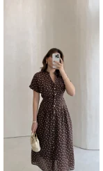 Eclipse Beli Pileli Puantiye Desen Bağcıklı Düğmeli Elbise - Kahverengi - Kod: 3083